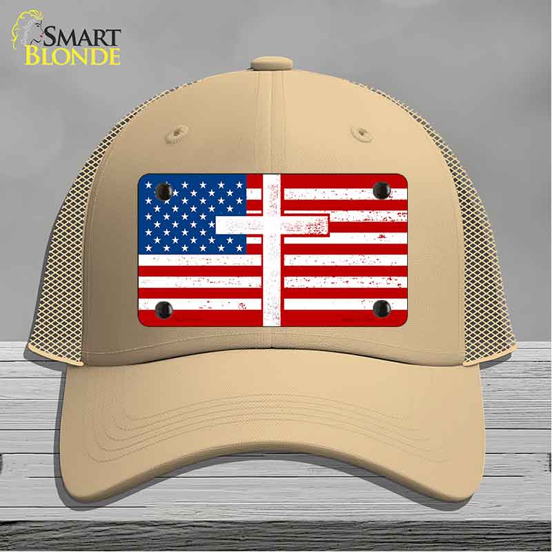 American Flag with Cross Novelty License Plate Hat HAT-MLP-14518