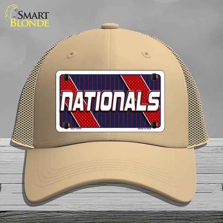 Beige cap with 'NATIONALS' license plate design on a gray background