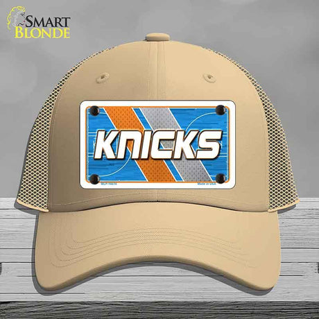 Beige cap with a 'Knicks' license plate design on a gray background