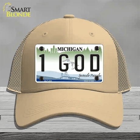 1 GOD Michigan State Novelty License Plate Hat Mesh / Khaki