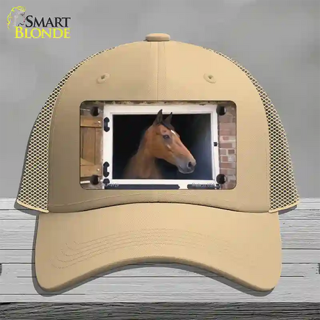 Horse In Barn Novelty License Plate Hat Mesh / Khaki