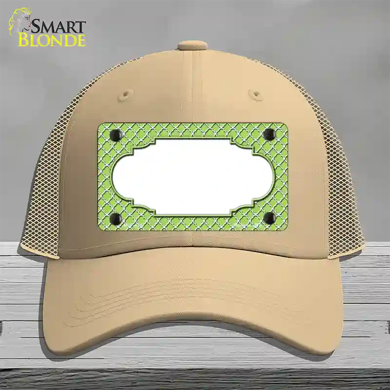 Lime Green White Quatrefoil Center Scallop Novelty License Plate Hat Mesh / Khaki