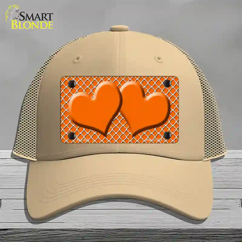 Orange White Quatrefoil Orange Center Hearts Novelty License Plate Hat Mesh / Khaki