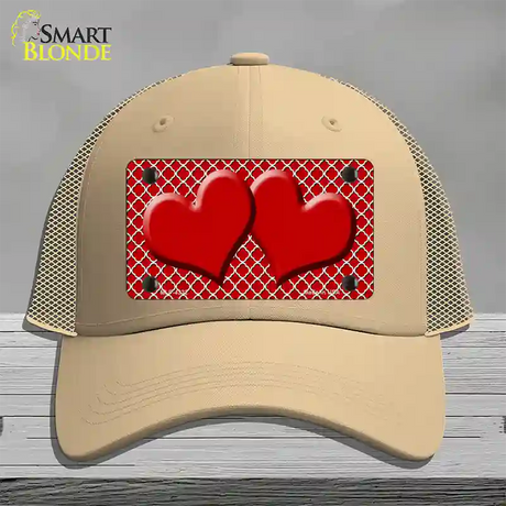 Red White Quatrefoil Red Center Hearts Novelty License Plate Hat Mesh / Khaki