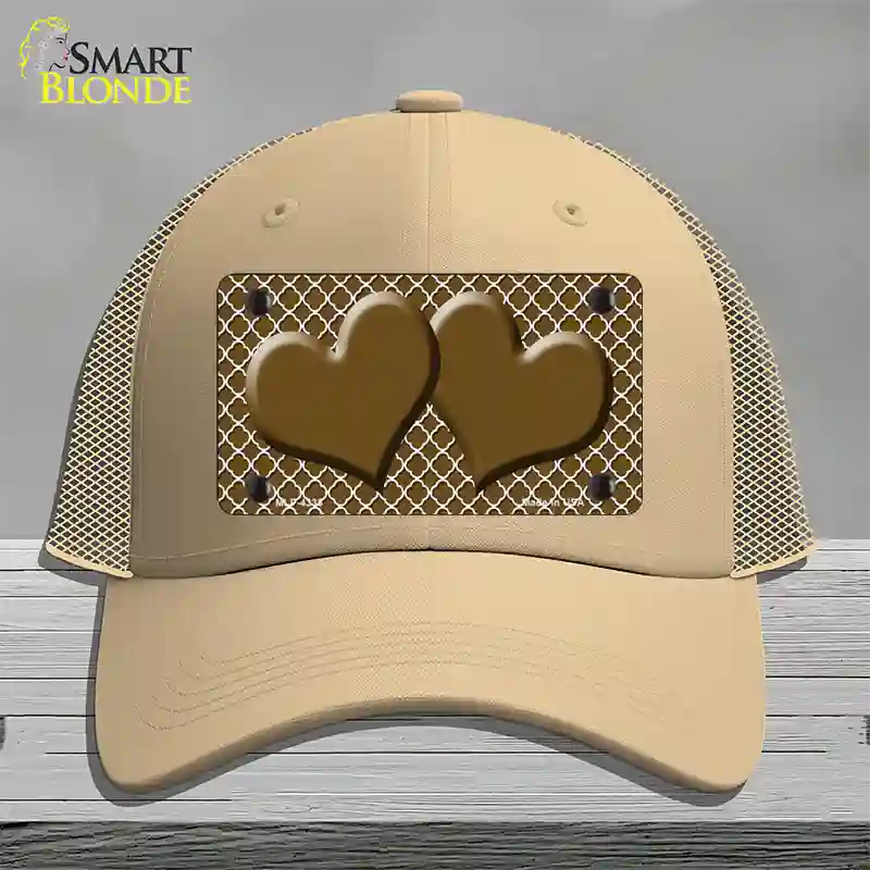 Brown White Quatrefoil Brown Center Hearts Novelty License Plate Hat Mesh / Khaki