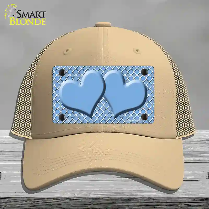 Light Blue White Quatrefoil Light Blue Center Hearts Novelty License Plate Hat Mesh / Khaki