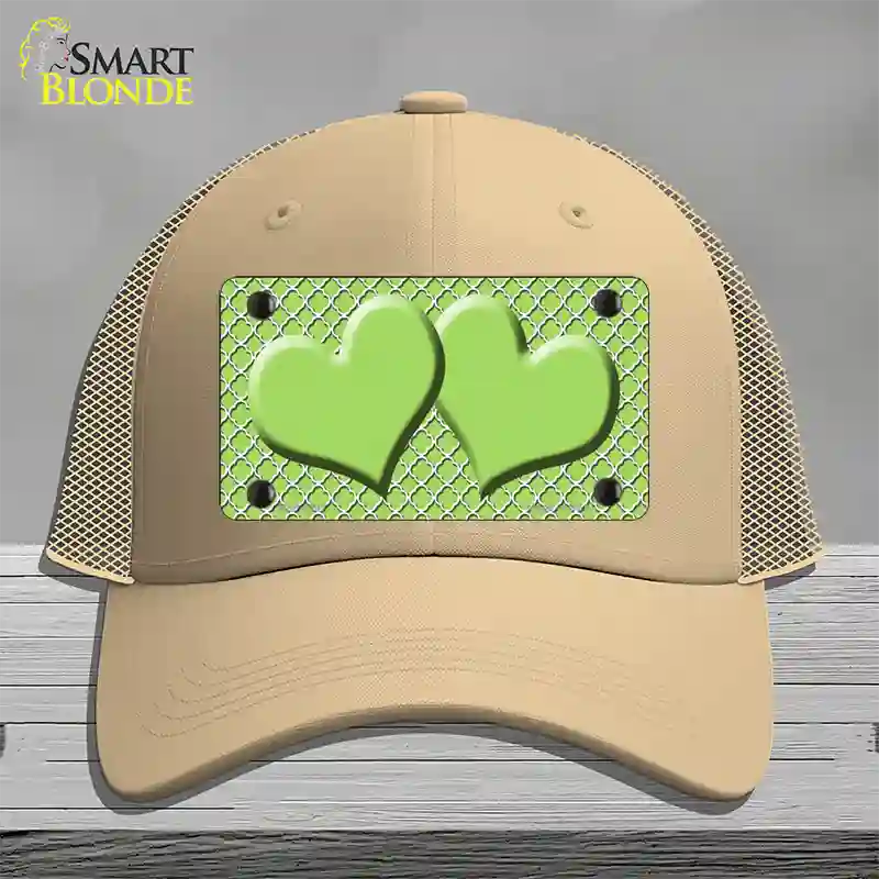 Lime Green White Quatrefoil Lime Green Center Hearts Novelty License Plate Hat Mesh / Khaki