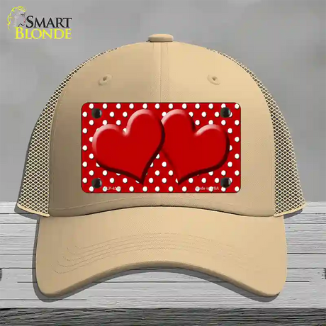 Red White Polka Dot Center Hearts Novelty License Plate Hat Mesh / Khaki
