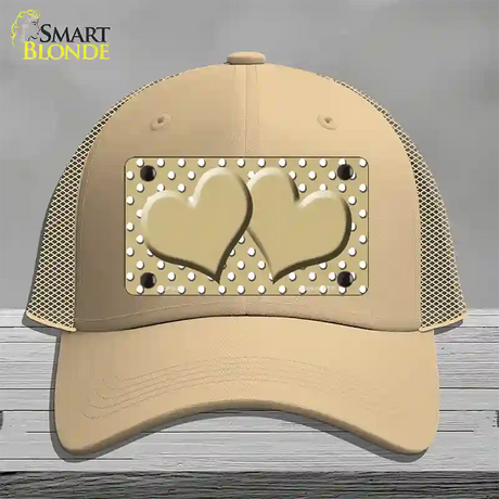 Gold White Polka Dot Center Hearts Novelty License Plate Hat Mesh / Khaki