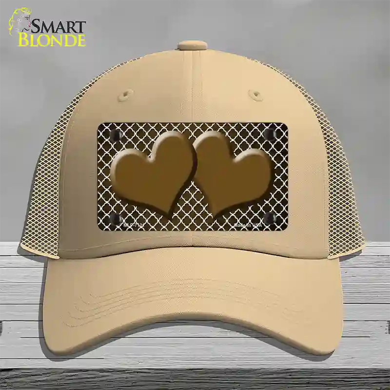 Brown White Quatrefoil Hearts Oil Rubbed Novelty License Plate Hat Mesh / Khaki