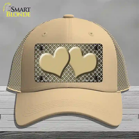 Gold White Quatrefoil Hearts Oil Rubbed Novelty License Plate Hat Mesh / Khaki
