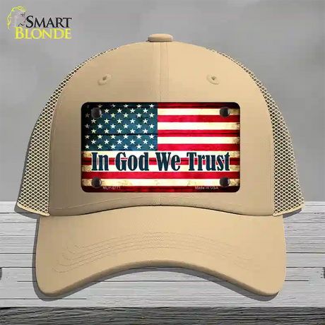 In God We Trust American Flag Novelty License Plate Hat Mesh / Khaki