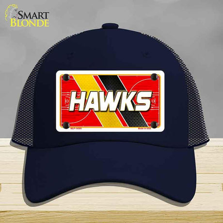 Navy blue cap with a red and yellow 'HAWKS' license plate design on a gray background