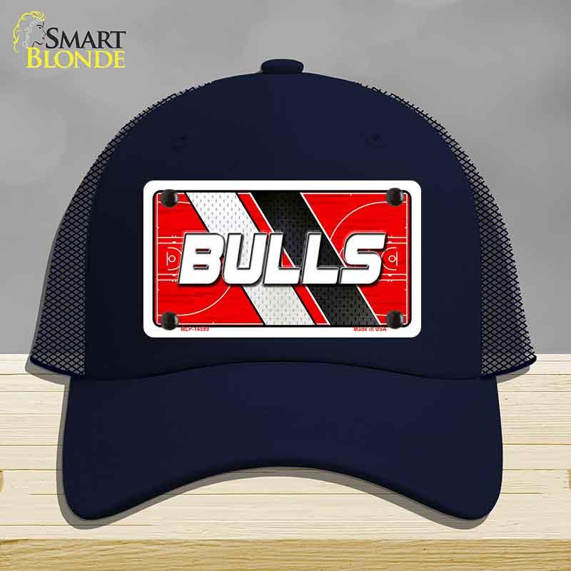 Navy blue cap with 'BULLS' license plate design on a gray background