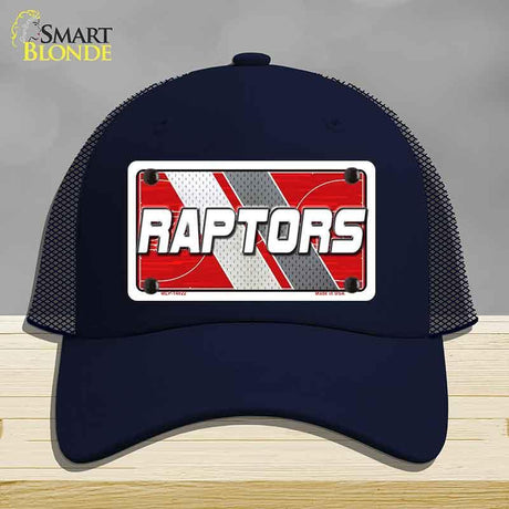 Navy blue cap with 'Raptors' design on a gray background