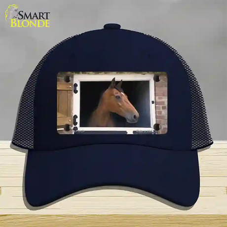 Horse In Barn Novelty License Plate Hat Mesh / Navy
