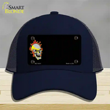 Flaming Skull Offset Novelty License Plate Hat Mesh / Navy
