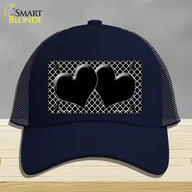 Black White Quatrefoil Black Center Hearts Novelty License Plate Hat Mesh / Navy