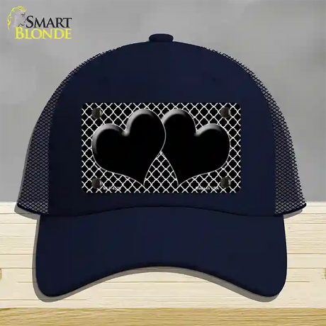 Black White Quatrefoil Black Center Hearts Novelty License Plate Hat Mesh / Navy