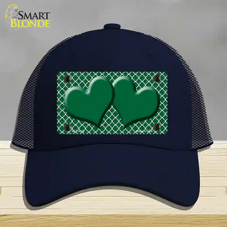 Green White Quatrefoil Green Center Hearts Novelty License Plate Hat Mesh / Navy