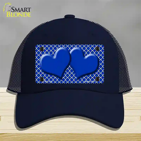 Blue White Quatrefoil Blue Center Hearts Novelty License Plate Hat Mesh / Navy