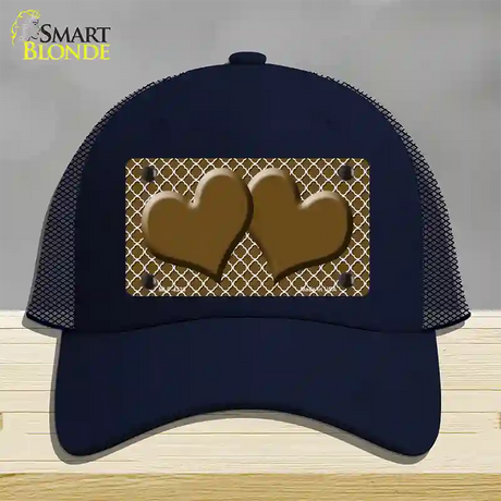 Brown White Quatrefoil Brown Center Hearts Novelty License Plate Hat Mesh / Navy