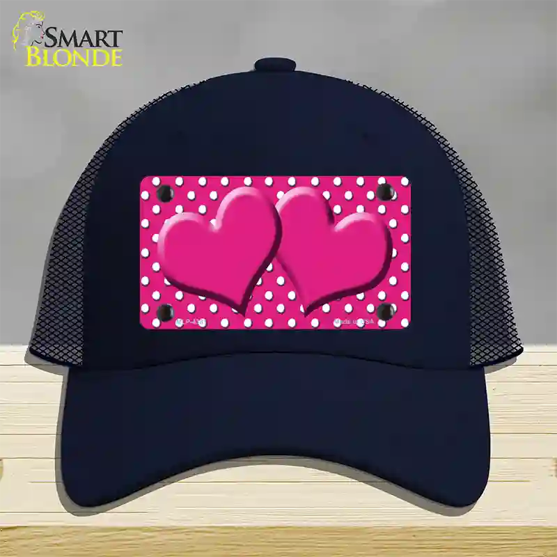 Pink White Polka Dot Center Hearts Novelty License Plate Hat Mesh / Navy
