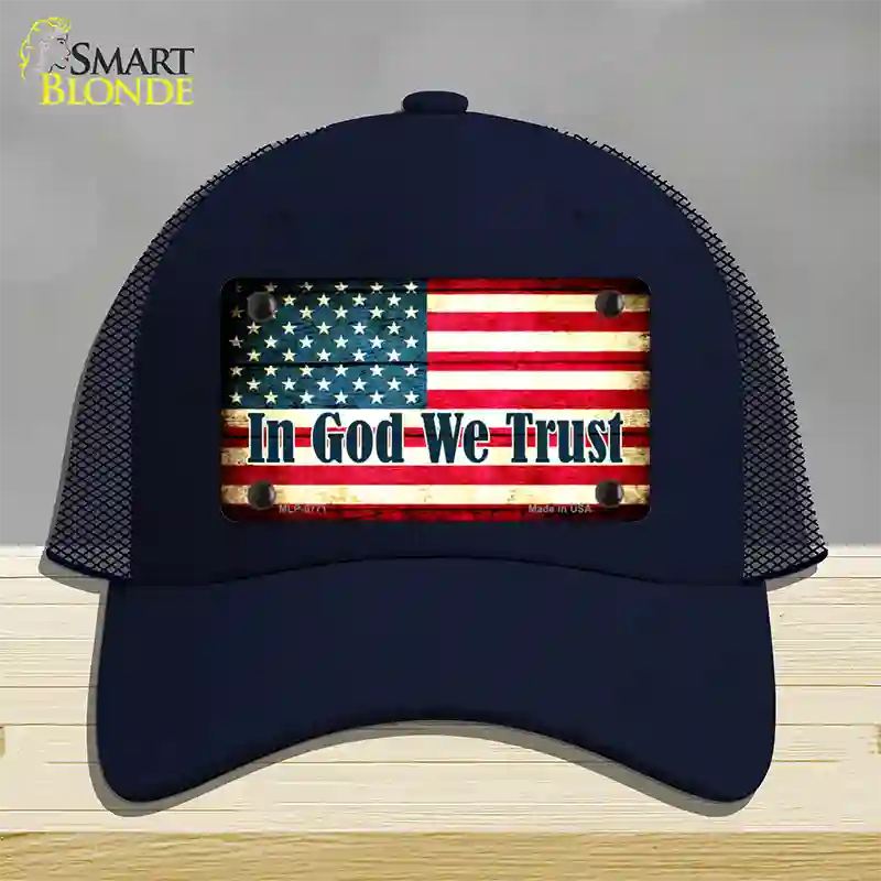 In God We Trust American Flag Novelty License Plate Hat Mesh / Navy