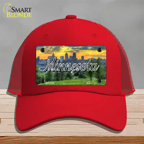 Minnesota City Skyline Sunset State Novelty License Plate Hat Mesh / Red