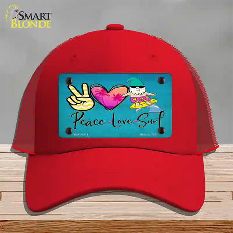Peace Love Surf Novelty License Plate Hat Mesh / Red