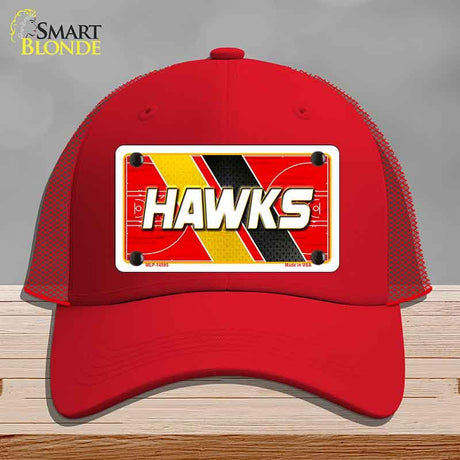 Red cap with a 'HAWKS' license plate design on a gray background