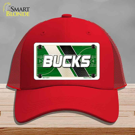 Red cap with a 'Bucks' license plate design on a gray background