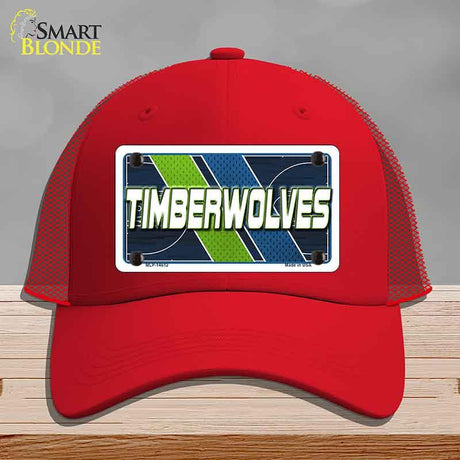 Red cap with a 'Timberwolves' license plate design on a gray background