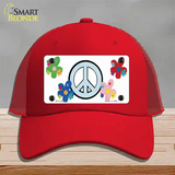 Peace Sign and Flowers Novelty License Plate Hat Mesh / Red