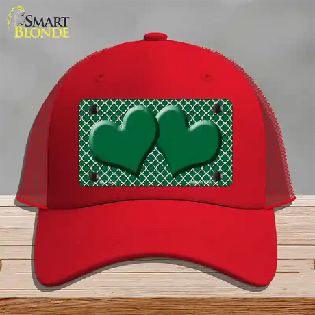 Green White Quatrefoil Green Center Hearts Novelty License Plate Hat Mesh / Red
