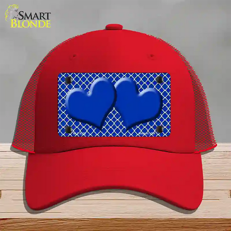 Blue White Quatrefoil Blue Center Hearts Novelty License Plate Hat Mesh / Red