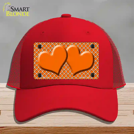 Orange White Quatrefoil Orange Center Hearts Novelty License Plate Hat Mesh / Red