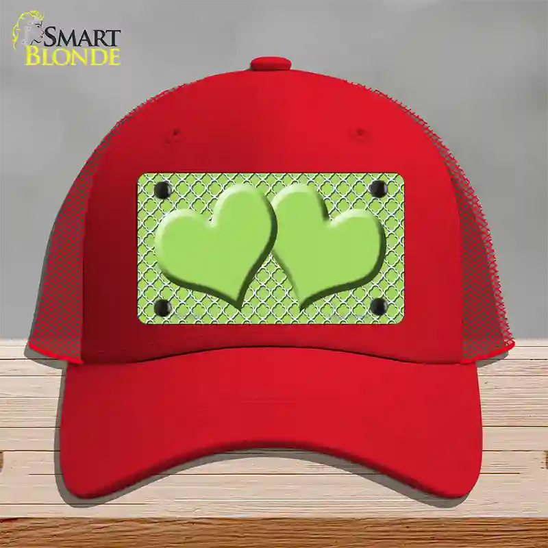 Lime Green White Quatrefoil Lime Green Center Hearts Novelty License Plate Hat Mesh / Red