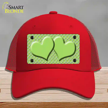 Lime Green White Quatrefoil Lime Green Center Hearts Novelty License Plate Hat Mesh / Red
