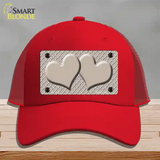 Tan White Quatrefoil Tan Center Hearts Novelty License Plate Hat Mesh / Red