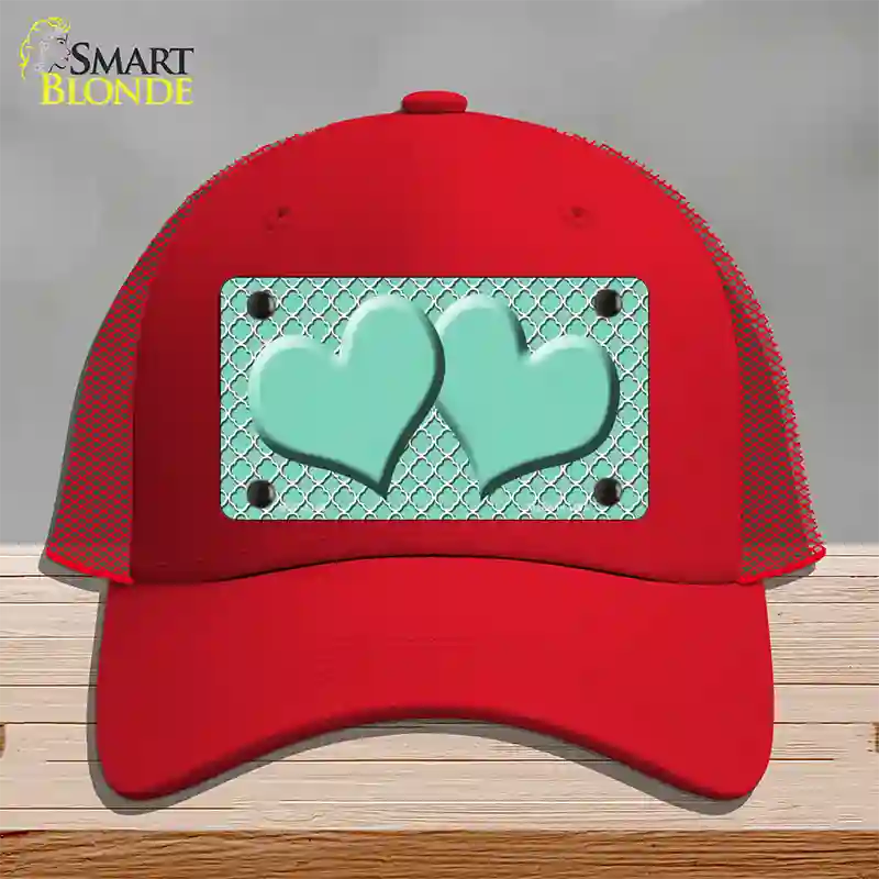 Mint White Quatrefoil And Mint Center Hearts Novelty License Plate Hat Mesh / Red