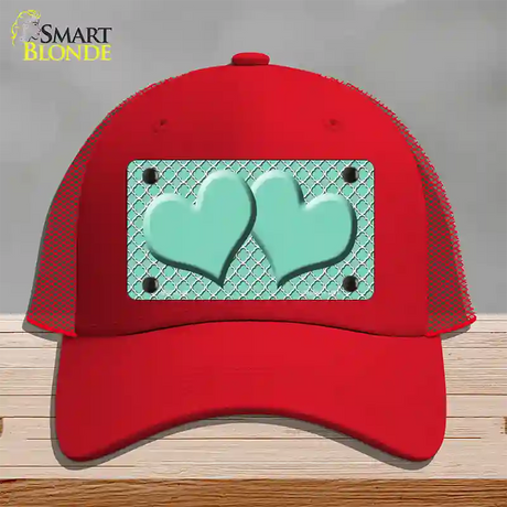 Mint White Quatrefoil And Mint Center Hearts Novelty License Plate Hat Mesh / Red