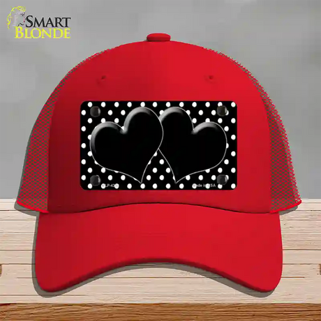 Black White Polka Dot Center Hearts Novelty License Plate Hat Mesh / Red