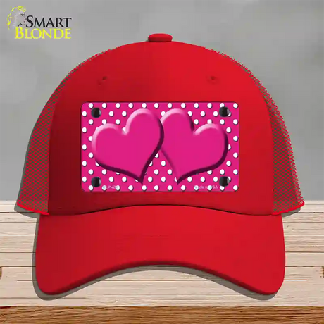 Pink White Polka Dot Center Hearts Novelty License Plate Hat Mesh / Red
