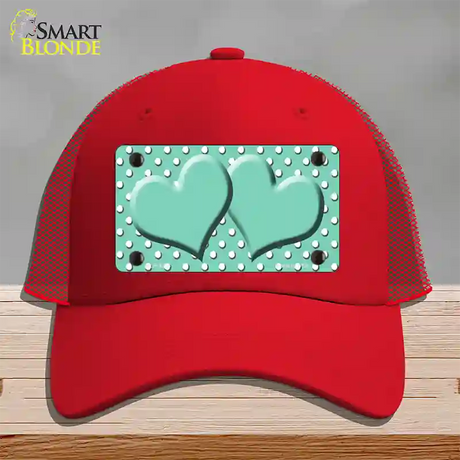 Mint White Polka Dot Center Hearts Novelty License Plate Hat Mesh / Red