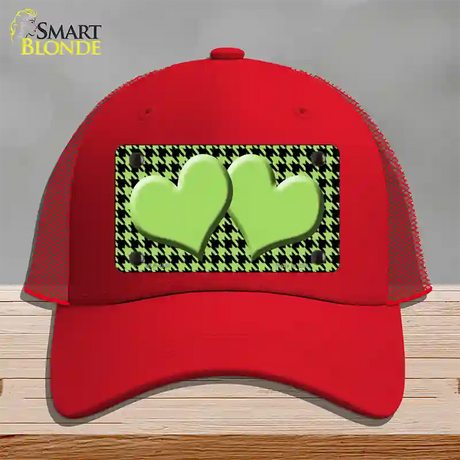 Lime Green Black Houndstooth Lime Green Center Hearts Novelty License Plate Hat Mesh / Red