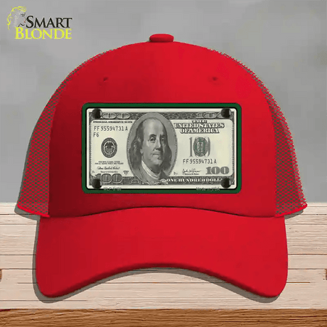 $100 Bill Novelty License Plate Hat Mesh / Red