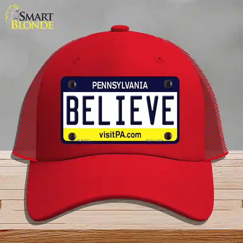 Believe Pennsylvania State Novelty License Plate Hat Mesh / Red