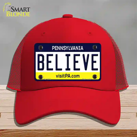 Believe Pennsylvania State Novelty License Plate Hat Mesh / Red