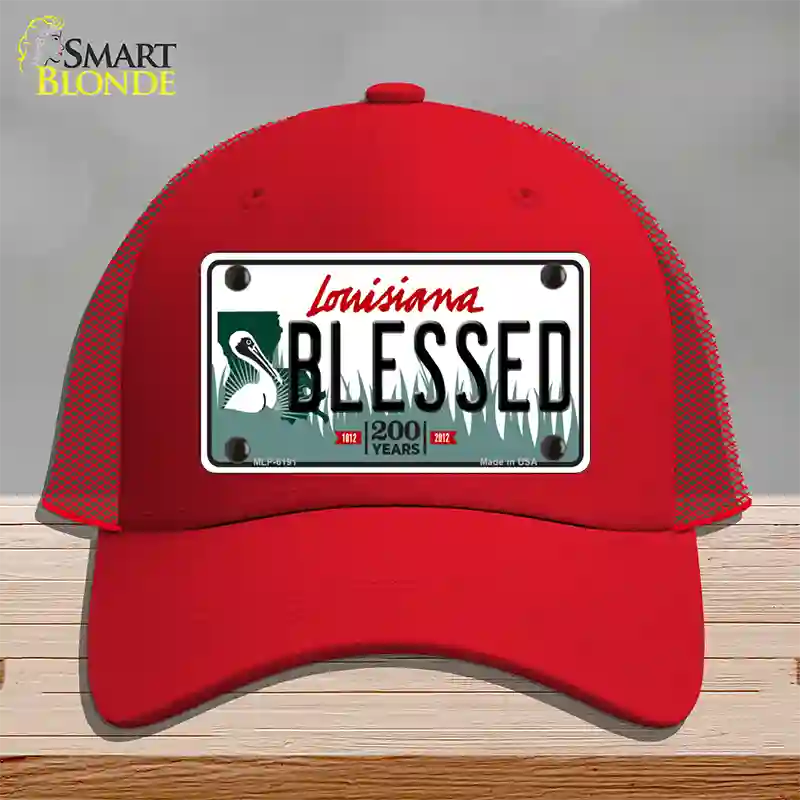 Blessed Louisiana Novelty License Plate Hat Mesh / Red